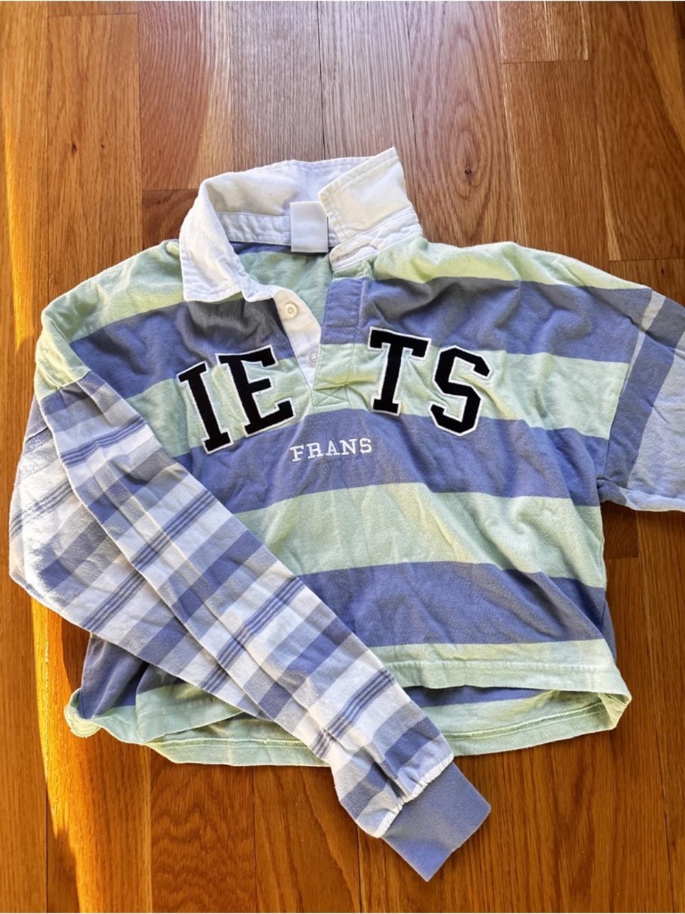 Cropped Long-Sleeve Rugby Polo Shirt in Light Blue & Mint